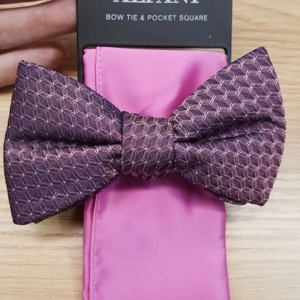 ALFANI Mens Bow Tie & Pocket Square Mauve Textured Geo Pink Satin Pre-Tied